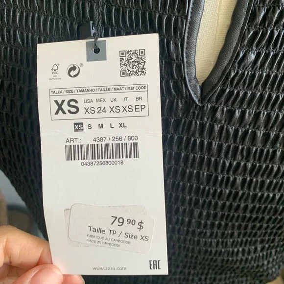 ZARA Black Faux Leather Smocked Midi Dress XS NWT - Picture 5 of 9